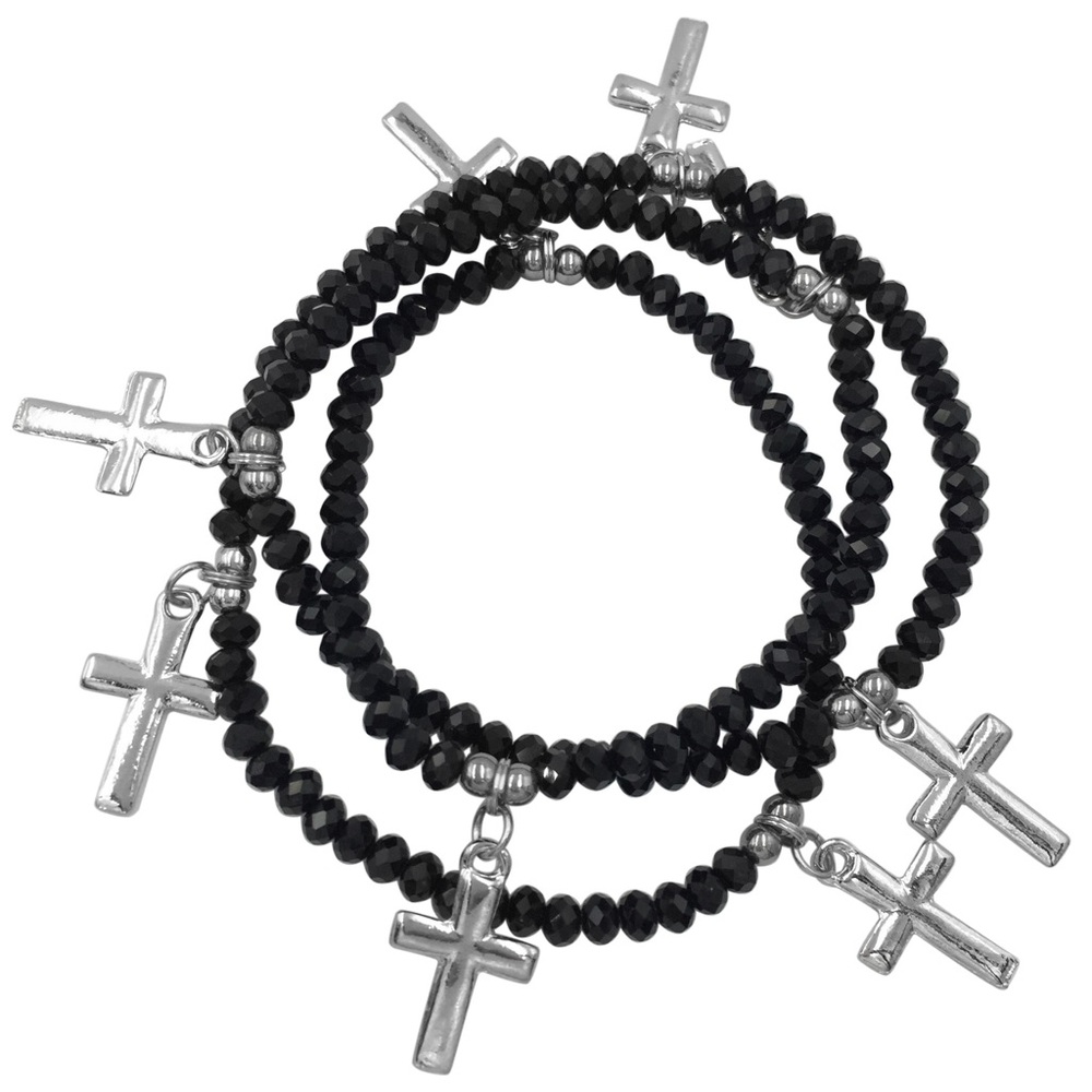 Black Glass Stretch Wrap Christian Cross Dangle Charms Bracelet or Necklace